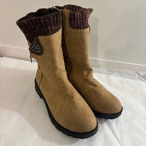 Brown Suede Faux Leather Mid Calf Winter Boots with Knit Cuff Size 8-8.5
